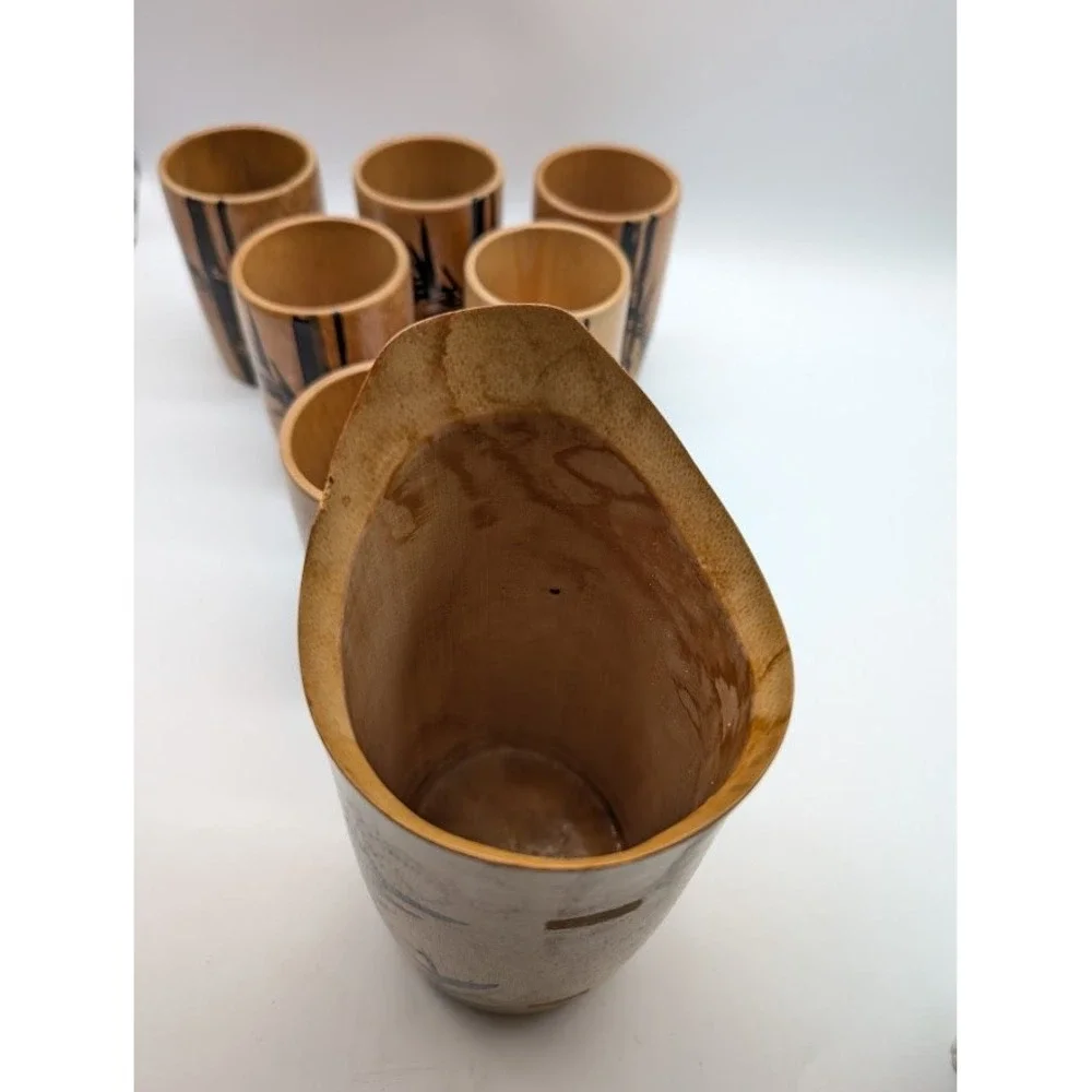 7 Set Vtg Natural Bamboo Cups Pitcher Hand Painted Made in Japan MCM Bar Tiki